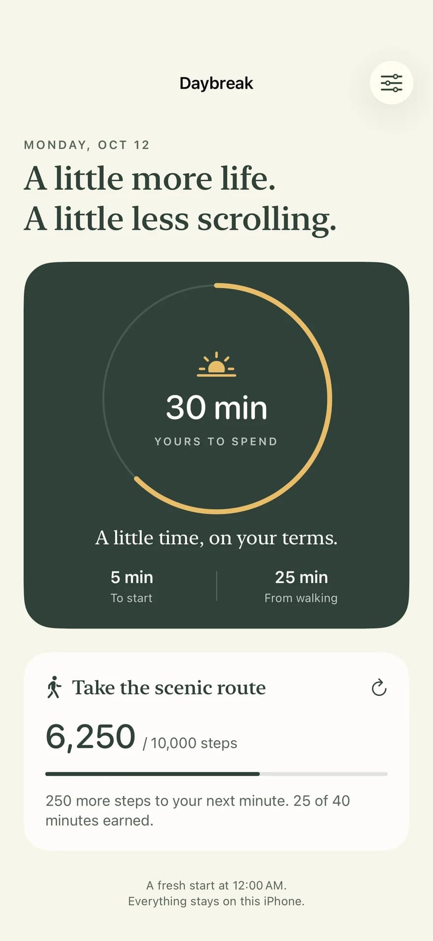 Daybreak showing 6,250 steps, 25 minutes earned from walking and 30 minutes available in total.